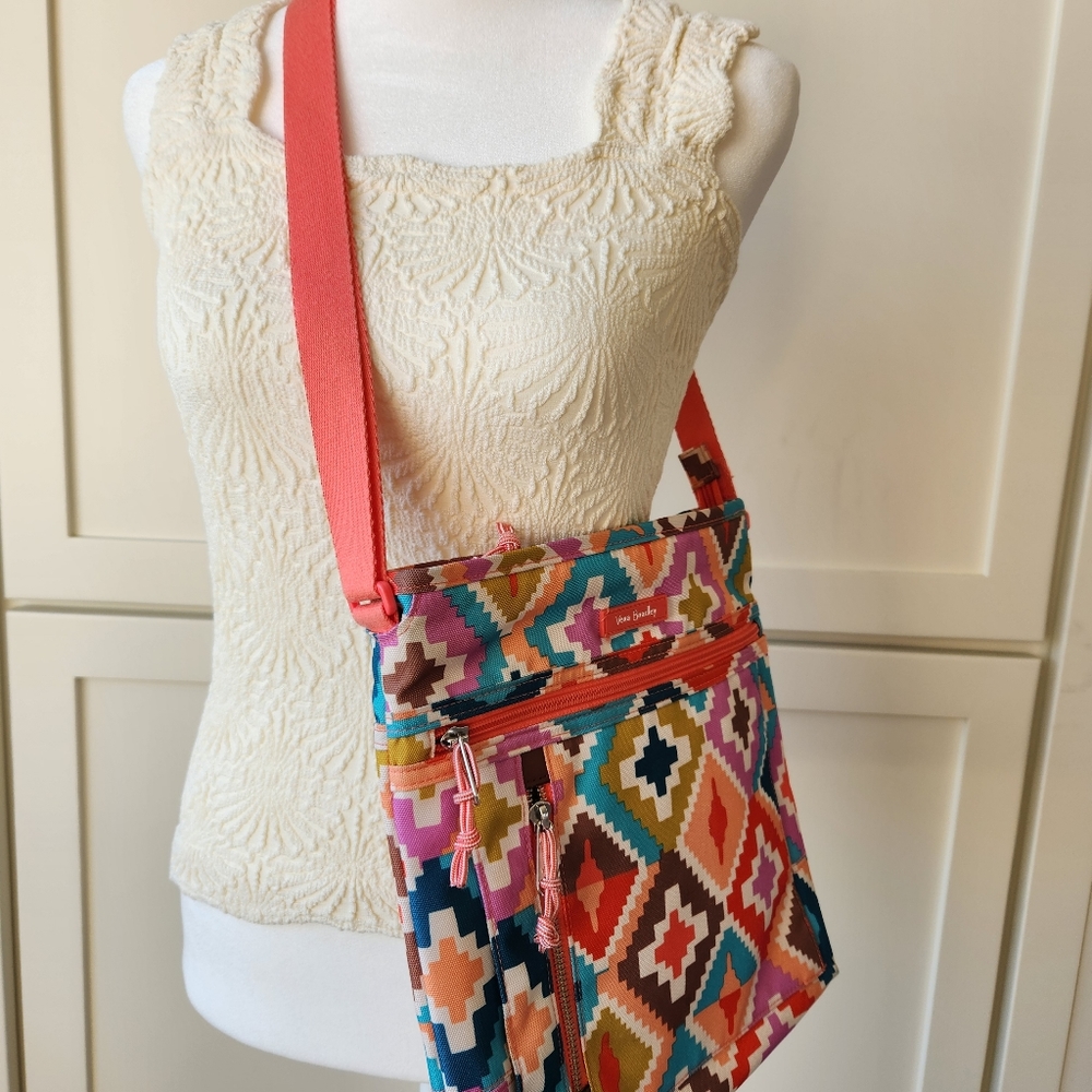 Vera Bradley Hacienda Diamonds Colorful Print Coral Strap Crossbody Bag Purse - Picture 3 of 15